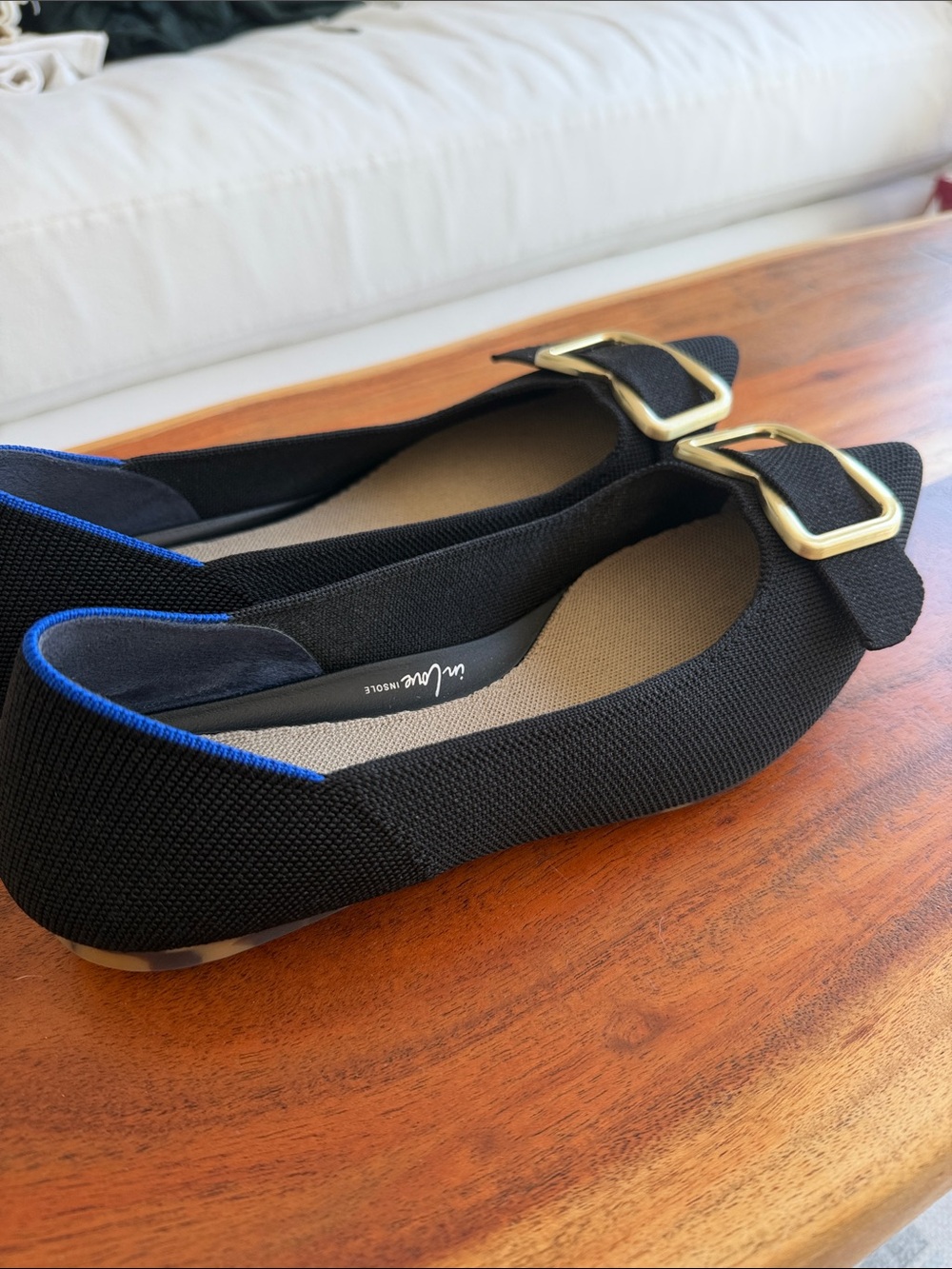 Rothy's Black Pointed Flat with Gold Buckle Accent and Blue Trim - Picture 3 of 3